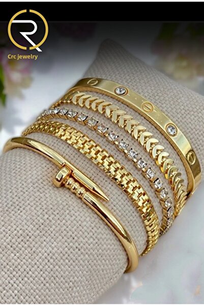 Crc Bijuteri مجموعة أساور نسائية مكونة من 5 أحجار الزركون وتفاصيل متعرجة مع طلاء ذهبي