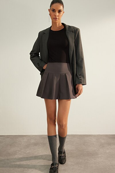 Trendyol Collection Anthracite Premium High Quality Pleated Mini Length Woven Skirt TWOAW24ET00309