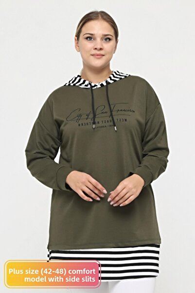 tarzımsüper Plus Size 100% Cotton Spring Comfort Model with Side Slits and Line Detail Hooded Sweatshirt