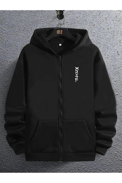 pandy Φούτερ/Ζακέτα με φερμουάρ Unisex Μαύρο με στάμπα με κουκούλα