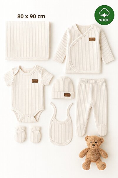 İZYALİF BABY طقم خروج من المستشفى مكون من 7 قطع عضوية للفتيات والأولاد الصغار يتضمن بطانية قطنية مقاس 50-56 سم