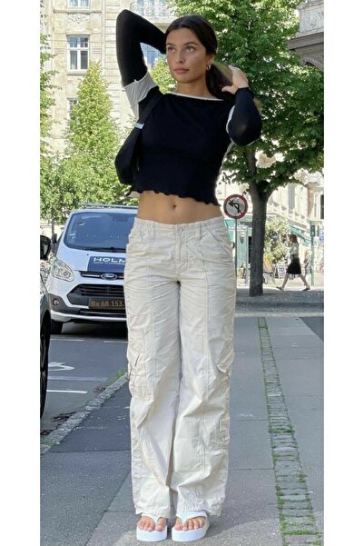 september island Beige Y2K Low Waist Parachute Fabric Cargo Pants