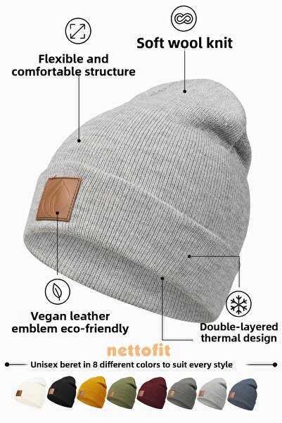 nettofit Unisex Winter Leather Label Detailed Gray Melange Wool Beret