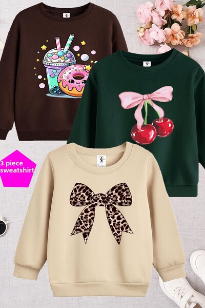 twins tailors Dívčí mikina s potiskem Kurtale Ve Donat v béžovo-zelenohnědé barvě s trojitým výstřihem