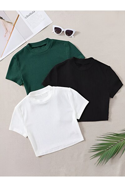 ÖZ PAMUK Γυναικείο μπλουζάκι 3 τεμαχίων μαύρο βαμβακερό πλεκτό με ραβδώσεις