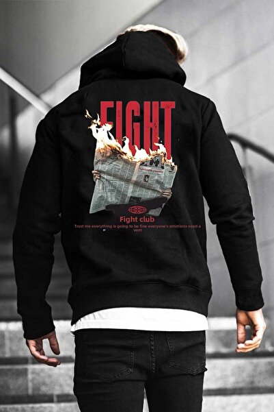 DEEPSENCE Hanorac negru unisex cu glugă Fight Club imprimat pe spate