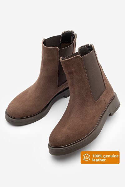 Marjin Γυναικείες μπότες casual από γνήσιο δέρμα με ελαστικό πλαϊνό λουράκι Kater καφέ σουέτ