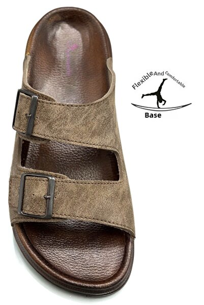 sermoda Ανδρικές παντόφλες με διπλή πόρπη με ρυθμιζόμενο πλάτος εύκαμπτες άνετες δερμάτινες ανδρικές παντόφλες 25103 Mink