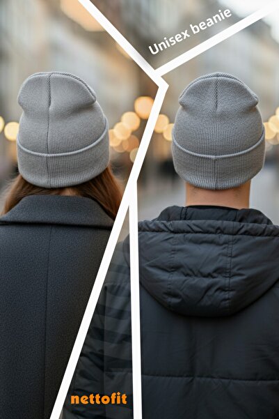 nettofit Unisex Winter Leather Label Detailed Gray Melange Wool Beret