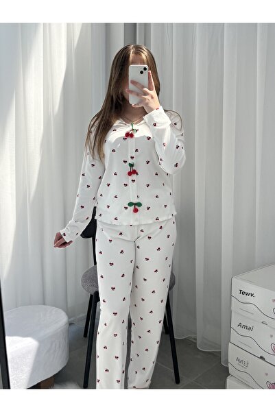 Lena Homewears Cherry Patterned Ecru Berlin Pajama Set