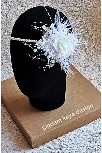 çiğdem kaya design Coroana de nuntă cu perle cu pene, accesoriu pentru păr de...