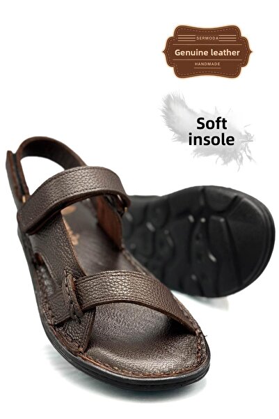 sermoda Ανδρικά σανδάλια Velcro από γνήσιο δέρμα – Άνετο καφέ μοντέλο K Şır Coffee για την πόλη και τις διακοπές