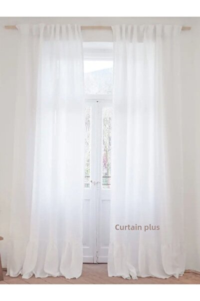 Perdeplus Linen Tulle Curtain White Skirt with Ruffles