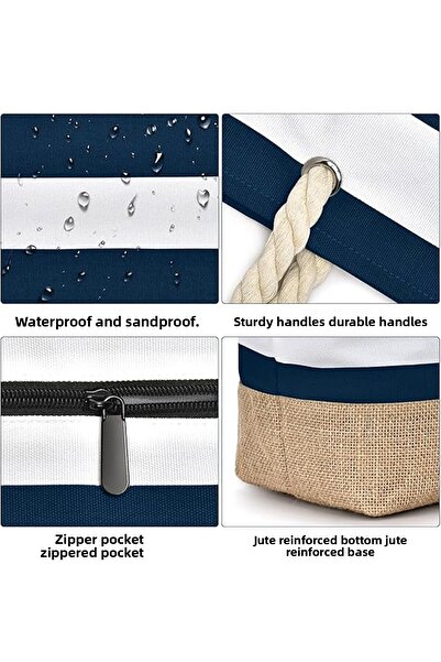 D'VERS Navy Blue Water and Sand Proof Jute Fabric Detailed Large Size Beach Bag