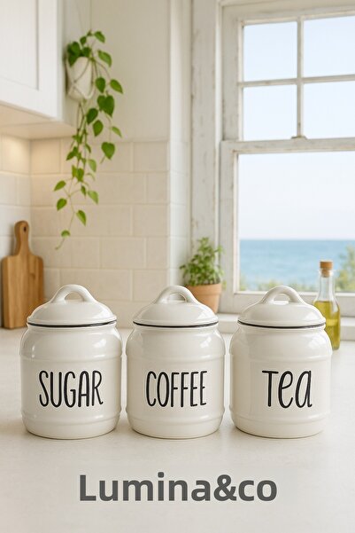 Caelia مجموعة توابل بيضاء فاخرة كبيرة الحجم مكونة من 3 قطع - للشاي والقهوة والسكر على سطح الطاولة