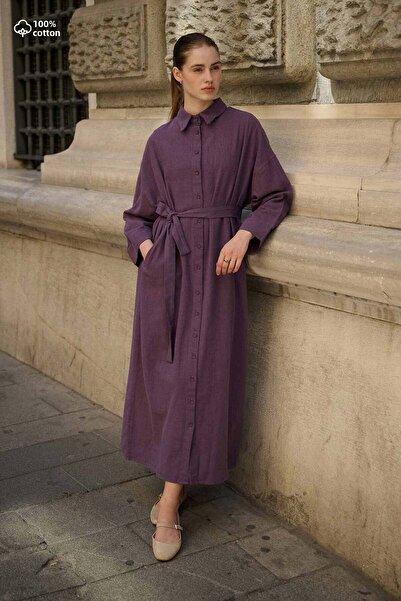Hooopstore Linen Textured Lilac Shirt Dress