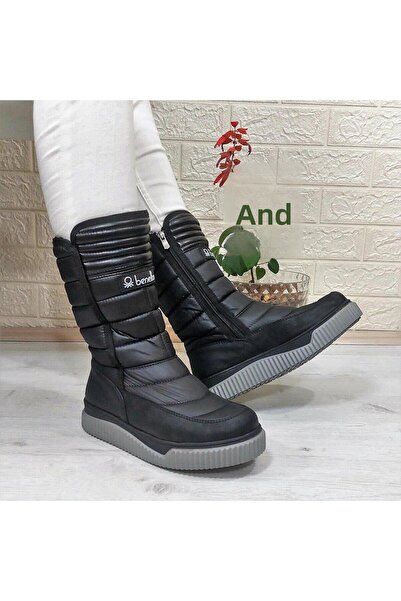 Benetton 50027 Fekete szőrmével bélelt, cipzáras, csúszásmentes hócsizma