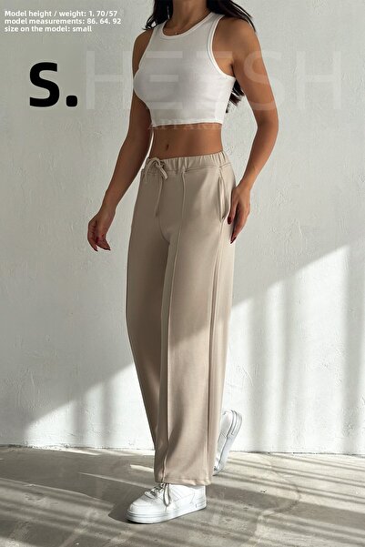 SHEESH APPAREL Φούτερ παντελόνι Palazzo με απαλή υφή μπεζ φαρδύ πόδι Modal