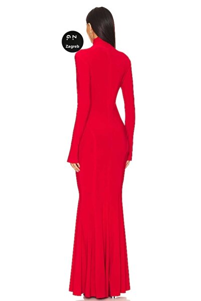 Zagrep Γυναικείο Maxi φόρεμα με κόκκινο δάχτυλο με βολάν από μεταξωτό ζέρσεϊ