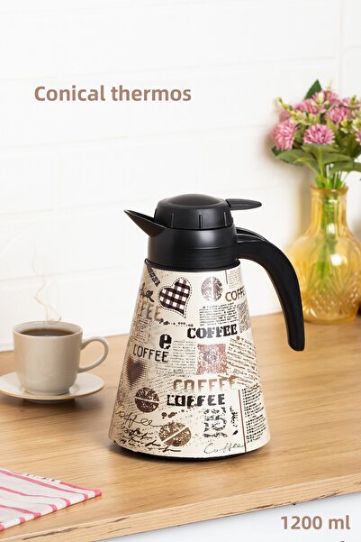 Porsima 161704-008 ترمس مخروطي منقوش سعة 1.2 لتر لتخزين المشروبات الساخنة والباردة