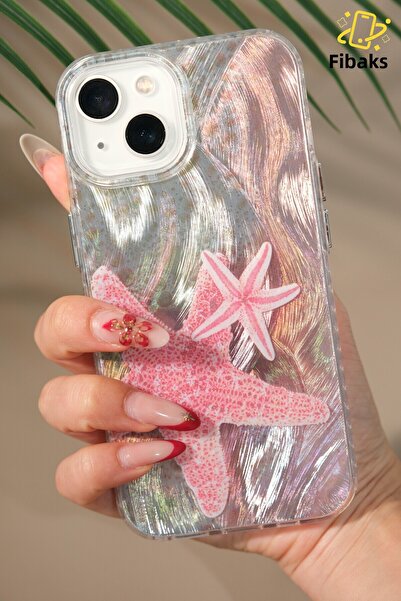 Fibaks iPhone 13/14/15 Case Holographic Pink Starfish Pattern Shock-Absorbing Camera Protection Silicone