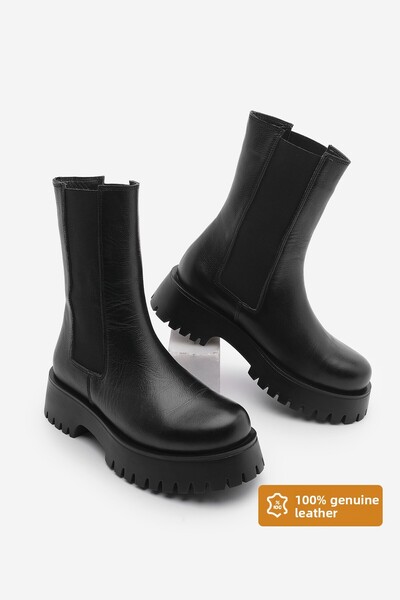 Marjin Dámské boty na denní nošení z pravé kůže Silná vroubkovaná podrážka Elastická strana s pruhem Curry Black