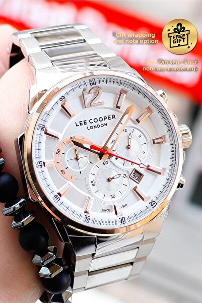 Lee Cooper ساعة يد رجالية فضية وردية بيضاء مع ساعة توقيت وتقويم مع هدية سوار Lc07067.530