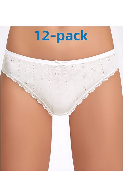 İlke 12 Pack, Jacquard, Lace, Heart Pattern, Women's Panties, 100% Cotton Combed, Ecru