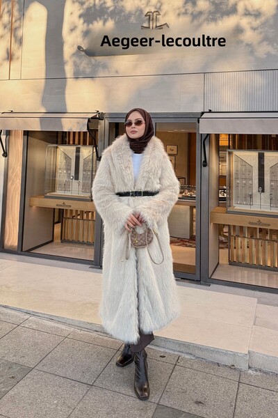 LOCCO Women's Belt Detail Fur Coat Stone