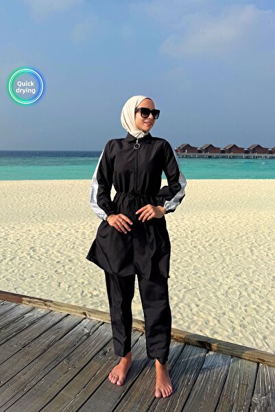 Ka Hijab Sequin Detail Full Covered 2-Piece Hijab Swimsuit - Black