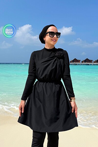 Ka Hijab Rose Detail Full Covered 2-Piece Hijab Swimsuit - Black