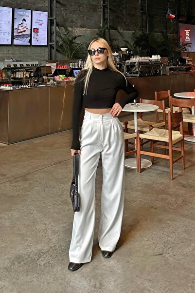 Swist Bílé dámské kalhoty Hera s elastickou kapsou v pase Palazzo