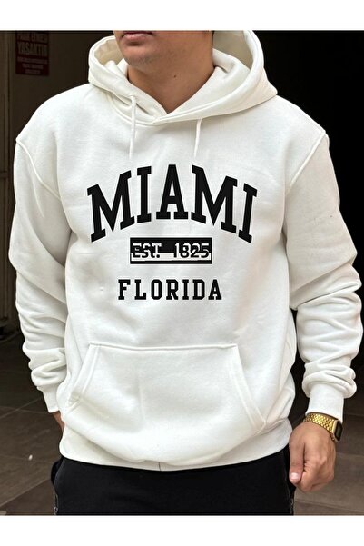 DEEPSENCE White Oversize Hooded Men's Sweatshirt - Miami Printed