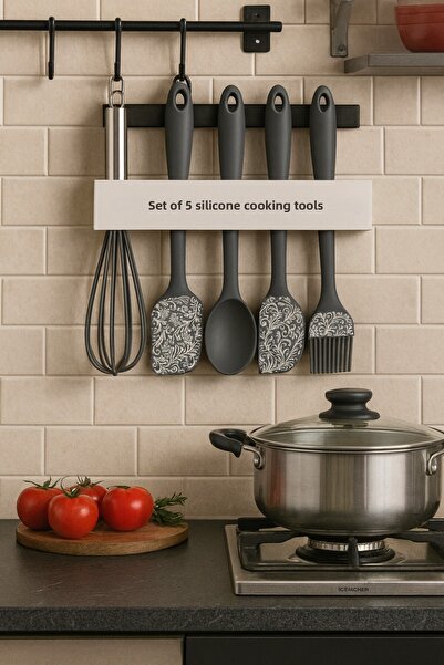 YDGR High Heat Resistant 5-Piece Silicone Kitchen Set (Whisk, Spatula, Spoon, Flat Spatula, Brush)