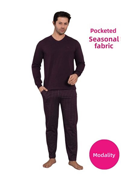 GUAVA+ Ανδρικό σετ πιτζάμες με μακρυμάνικο μονόχρωμο καρό βαμβακερό λύκρα ελαφρύ με μανσέτες και τσέπες