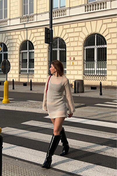 CHUBA Women's Spanish Sleeve Mesh Knitted Mini Knitwear Beach Dress Vanilla 25S3026