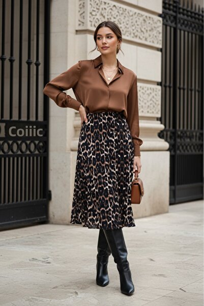 eyyebelle Leopárdmintás női rugalmas derekú midi hosszúságú, ráncolt csengőszoknya