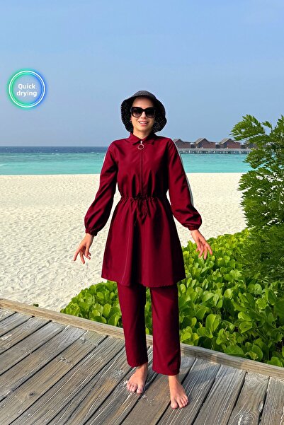 Ka Hijab Sequin Detail Full Covered 2-Piece Hijab Swimsuit - Claret Red