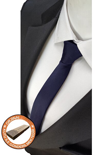 Elegante Cravatte Navy Blue Color Extra Slim Fit Special Boxed Thin Matte Tie and Pocket Handkerchief