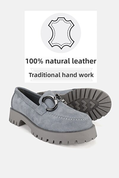 TUNAELLİ Gray Suede Women'sLoafer- Size 36-41 Buckle, Genuine Natural Leather