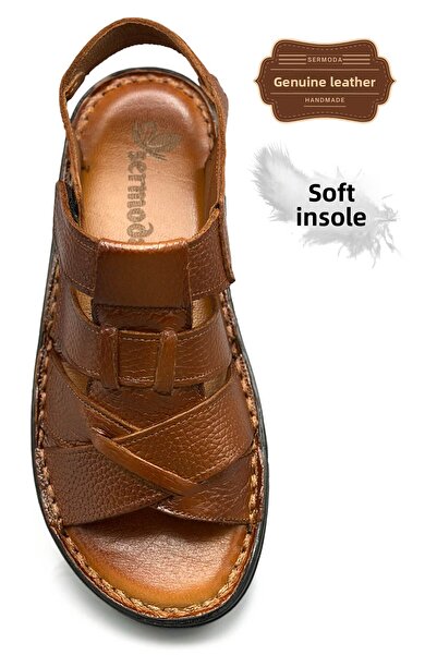 sermoda صنادل رجالية - جلد طبيعي، فيلكرو، كروس سير، تان