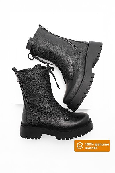 Marjin Dámské kozačky z pravé kůže Silná vroubkovaná podrážka Denní kozačky na šněrování na zip Orben Černá