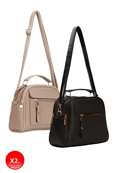 Adelina Bags Γυναικεία ημερήσια τσάντα χεριού και ώμου μαύρου βιζόν 2 τεμαχίων