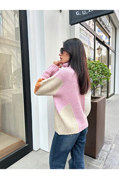 Puella KZK0008 Γυναικείο πλεκτό πουλόβερ με ροζ παραλλαγή Intersia με ζιβάγκο oversize