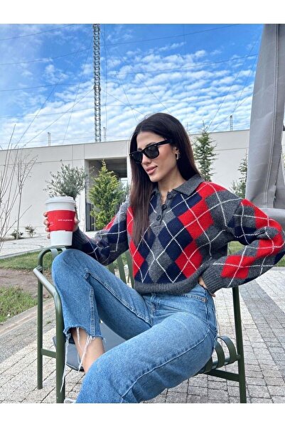 Puella Polo Collar Gray Red Navy Blue Women's Crop Sweater - Baklavalı