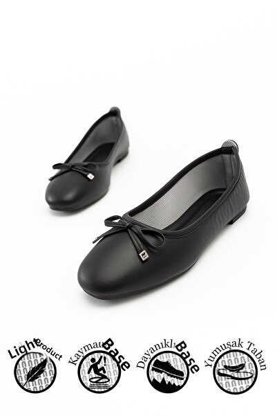 Nstil Daily Women's Black Ballerina Oval Toe Comfortable Mold Serrated Sole Ballerina Shoes 112