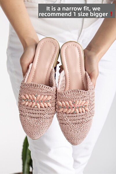 Slipcat Women's Straw Slippers Closed Front Mesh Lace Stone Detailed Stylish Summer Home Beach Vacation Slippers