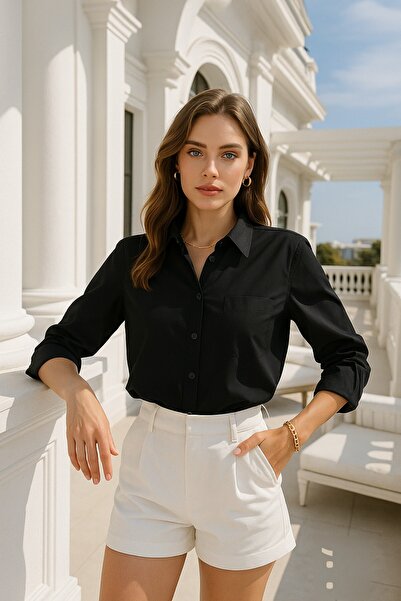 Rich Women's Poplin Pocket Detailed Shirt - Trend Button Slim Fit Shirt