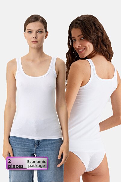 Pierre Cardin Economic Pack of 2 White 1025 Square Collar Thick Strap Basic Cotton Athlete Set