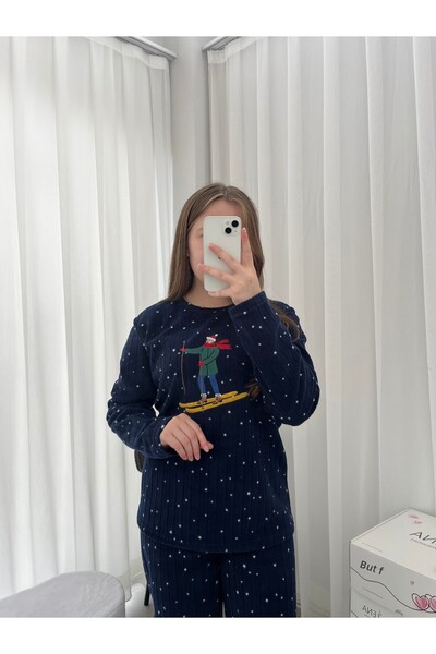 Lena Homewears Csillagmintás sötétkék gyapjú pizsama szett